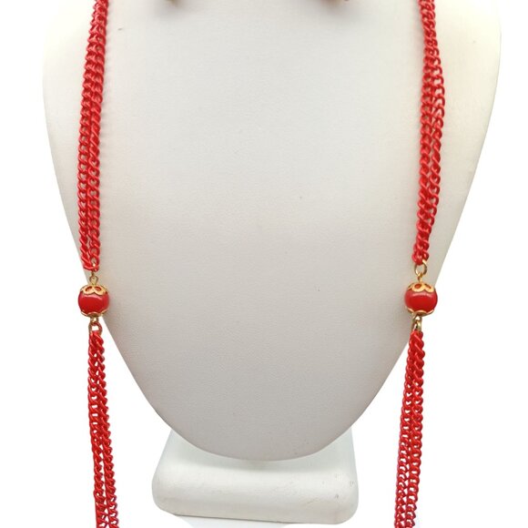 Celebrity NY Vintage Red Beaded Enamel Chain Necklace & Dangle Drop Earrings Set - Picture 5 of 6
